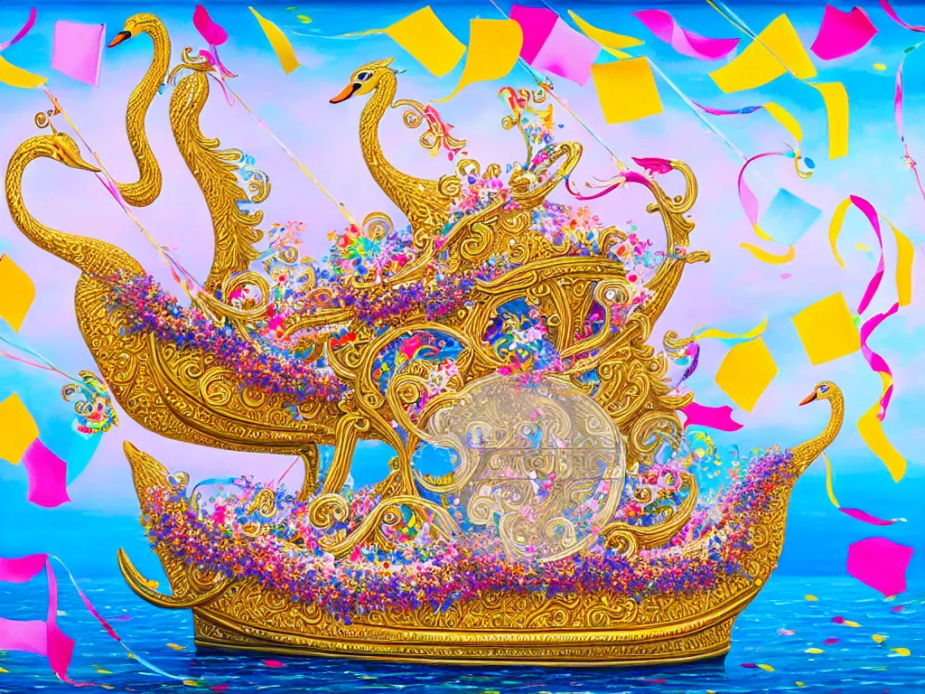 Image similar to a highly detailed painting of a fantasy ornate embellished swan boat cruise ship covered in flowers, streamers, confetti, pin wheels, kites.