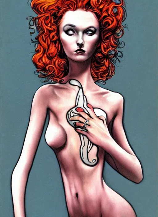 Prompt: surrealism psychedelic cartoon portrait sketch of lily cole as delirium of the endless from the sandman, by alex ross, brian bolland, detailed, elegant, intricate