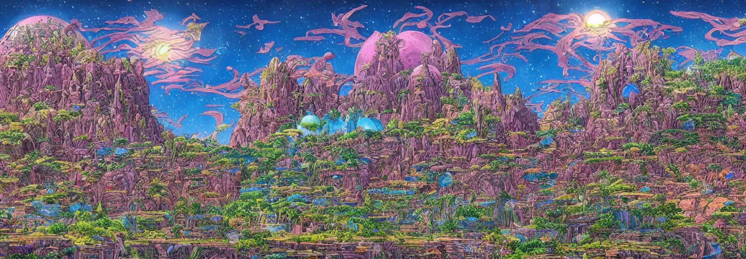 Image similar to beautiful landscape mural of a great advanced civilization in an alien planet, lush landscape, vivid colors, intricate, highly detailed, masterful, fantasy world, in the style of moebius, akira toriyama, jean giraud