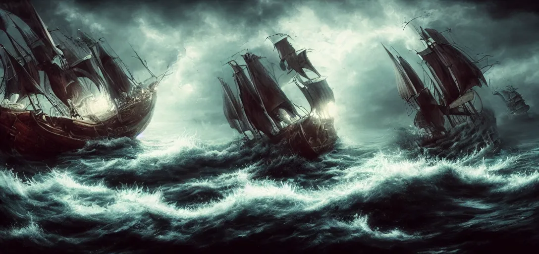 Image similar to sea monster attacking a pirate ship, cinematic, atmospheric, detailed