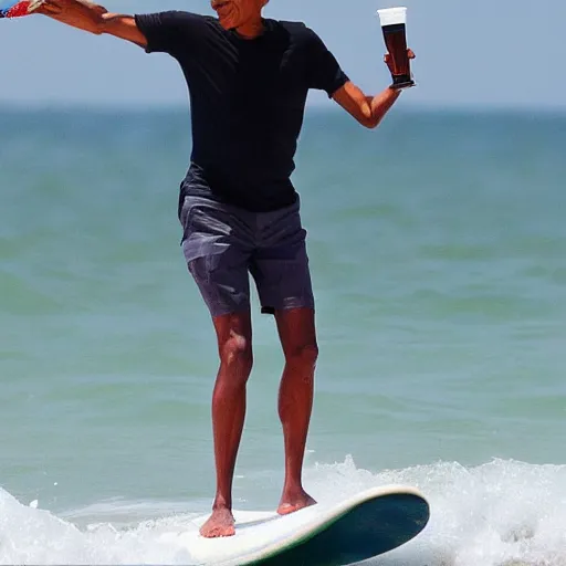 Prompt: obama surfing in rough surf holding a margarita, sharp focus, intricate details, highly detailed, realistic vacation photograph
