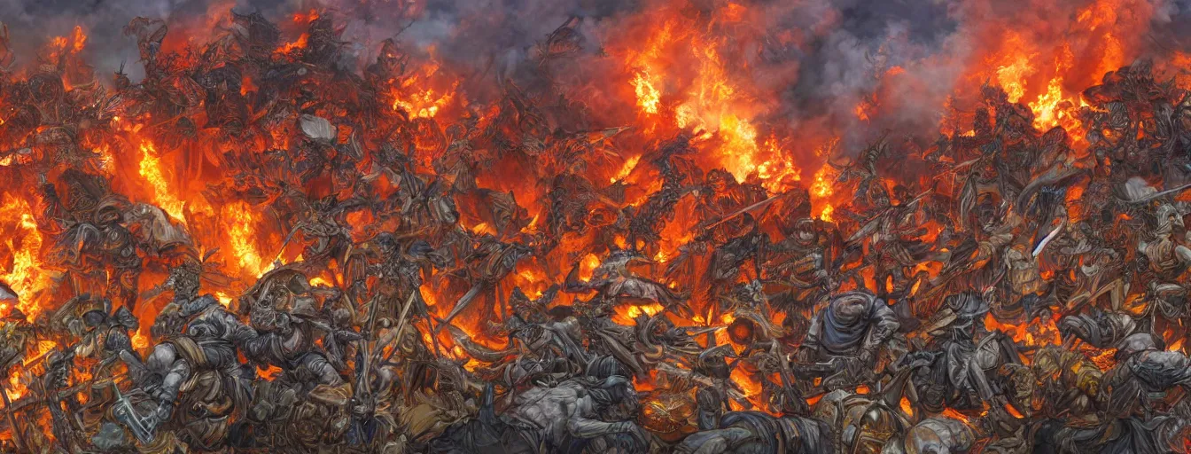 Prompt: a zoomed out panoramic view of fire spirits fighting on the battlefield of death. hyperrealistic anime background illustration by kim jung gi, colorful, extremely detailed intricate linework, smooth, super sharp focus, bright colors, high contrast, matte, octopath traveler, unreal engine 5 highly rendered, global illumination, radiant light