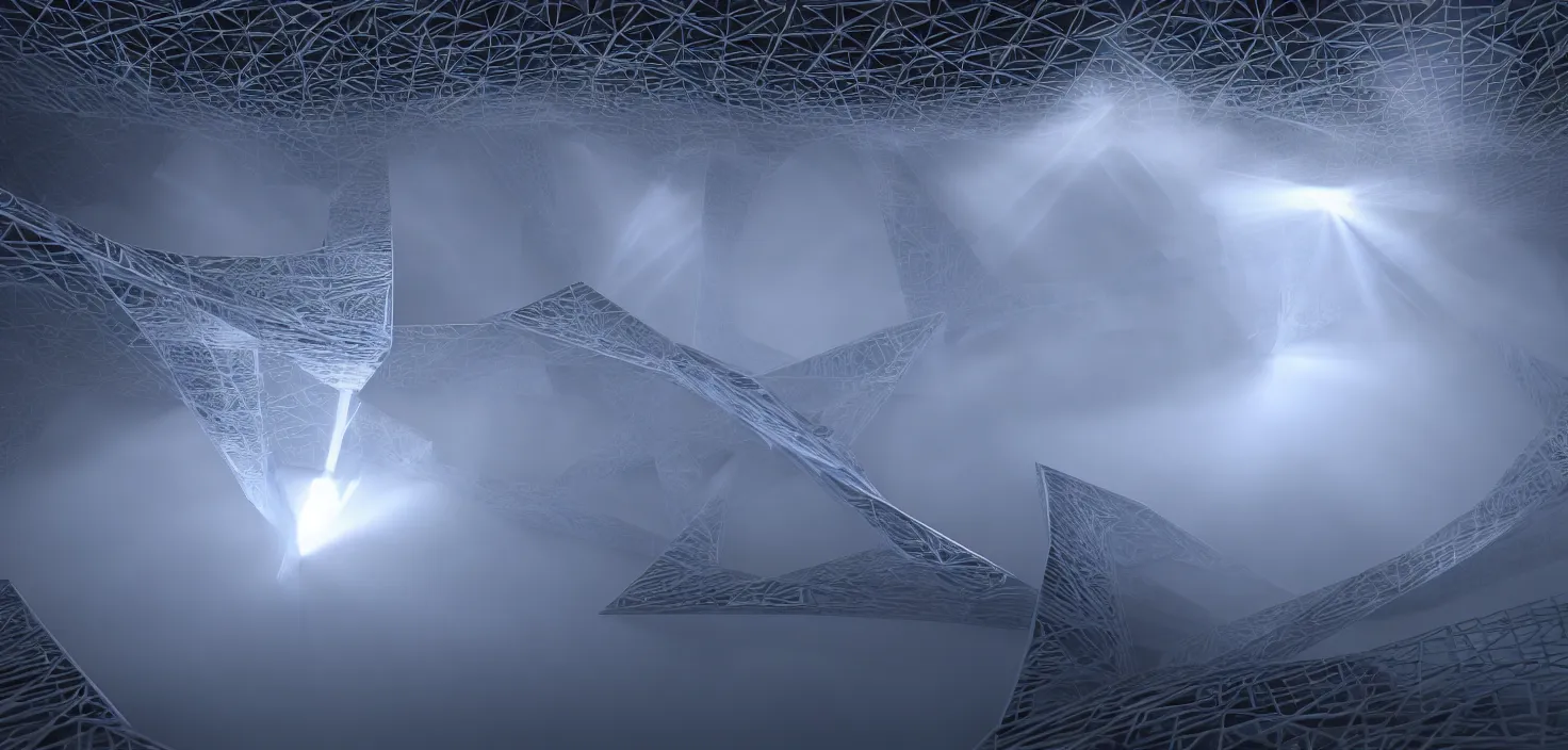 Image similar to light beams as structural space forming a mystical megastructure - in a harmonic sacred geometry pattern, by jack oliva - rendler, by gaudi, photorealistic, god rays, octane render, depth of field, deep volumetric light, deep volumetric fog, volumetric fog space, apex of creation, realistic render