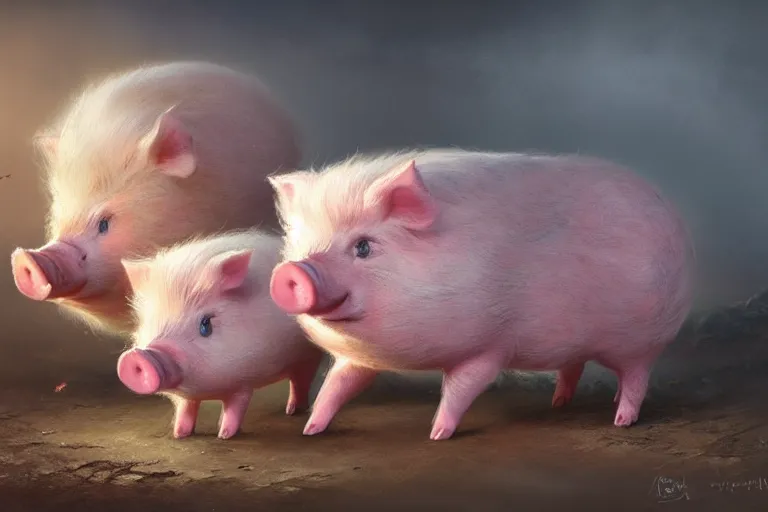 Image similar to cute fluffy pigs by jean - baptiste monge, high quality, high resolution, 4 k, painted by cgsociety, rutkowski, gurney with ambient lighting, concept art, detailed, smooth, dynamic volumetric cinematic lighting, octane, raytrace