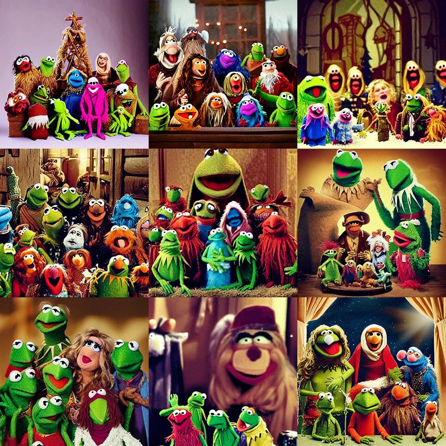 Prompt: “muppets nativity scene where everyone is kermit, vintage christmas special still, nostalgia”