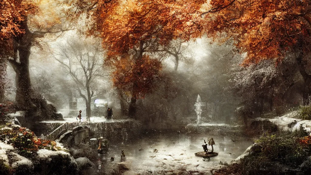 Image similar to autumn in the secret garden. a tiny fountain statue is frozen. andreas achenbach, artgerm, mikko lagerstedt, zack snyder, tokujin yoshioka