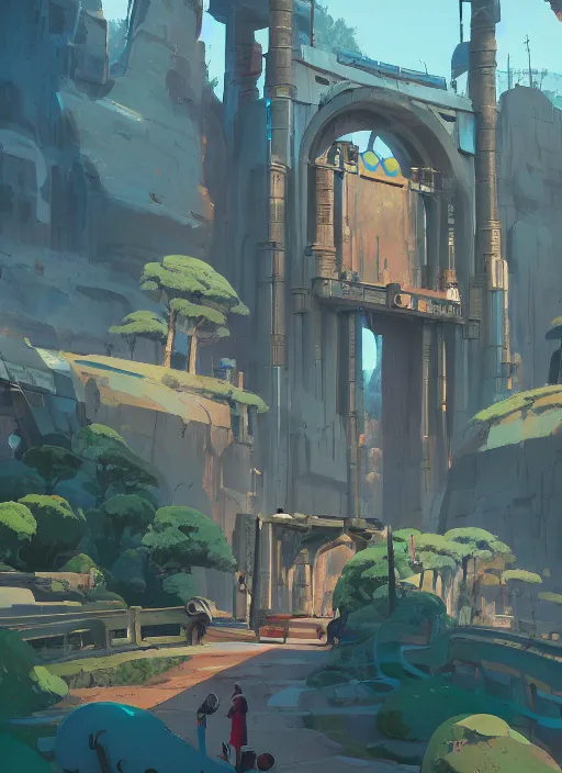 Image similar to warm canyon with giant gate entrance, nuclear powered, detailed, futuristic, cory loftis, james gilleard, atey ghailan, makoto shinkai, goro fujita, studio ghibli, rim light, exquisite lighting, clear focus, very coherent, plain background