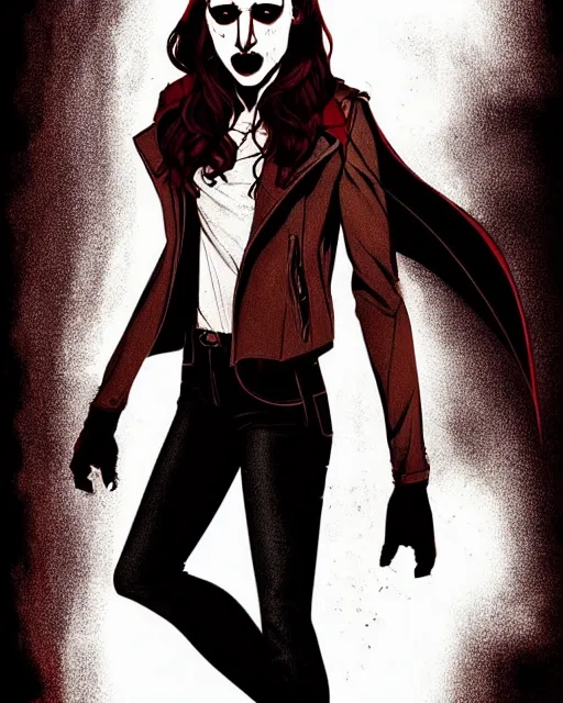 Image similar to in the style of Rafael Albuquerque comicbook art and Joshua Middleton, moody lighting, beautiful evil vampire Taissa Farmiga sharp bloody vampire fangs, evil smile showing fangs, symmetrical eyes, realistic face, symmetrical face, brown leather jacket, jeans, long black hair, full body