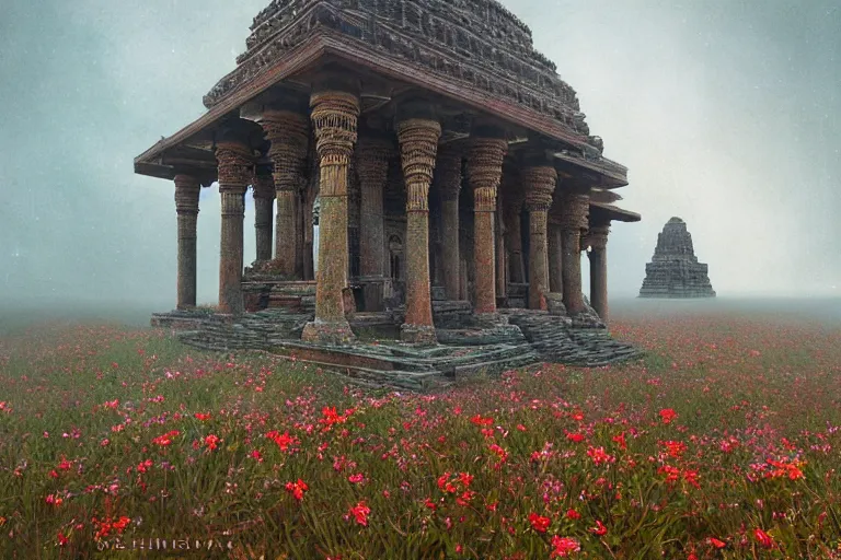 Prompt: photography of a beautiful archipelago of never seen before stunning ancient indian temple. intricate pilars patern, runes. flowers. inspiring science fiction, intricate, elegant, uplifting, inspirational, highly detailed by beksinski and simon stalenhag