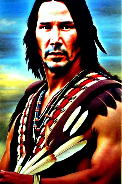 Image similar to Photo of Native American indian man Keanu Reeves, portrait, skilled warrior of the Apache, ancient, realistic, detailed, Keanu Reeves