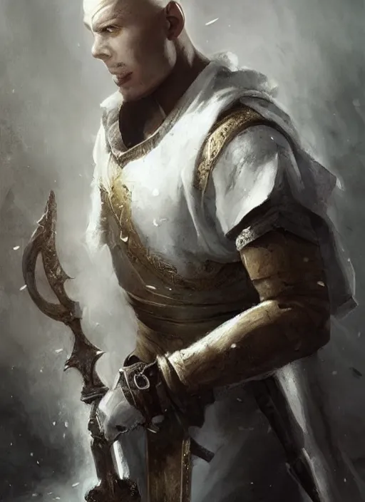 Image similar to a young man with wide, intense eyes. he is bald and clean shaven, dressed entirely in white and holding a huge sword. painting by greg rutkowski and raymond swanland