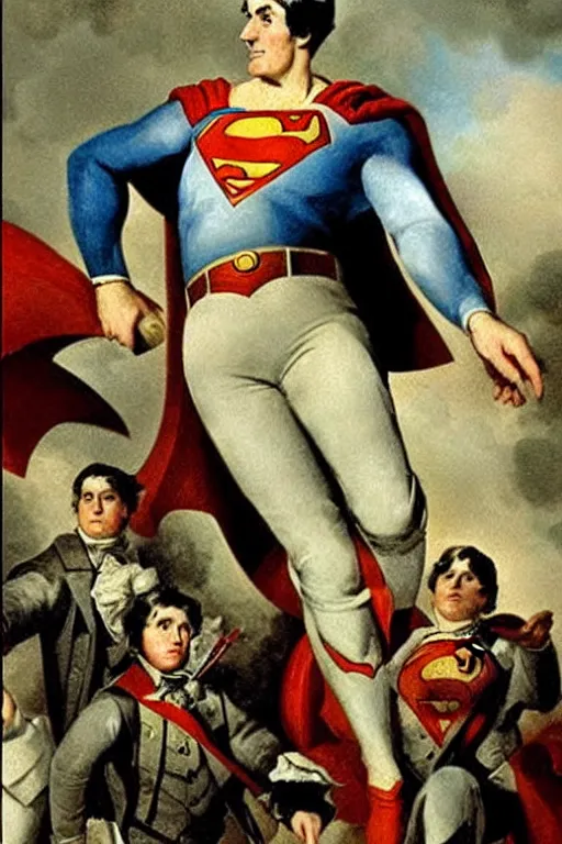 Prompt: portrait of superman during the american revolution. painting by john trumbull.