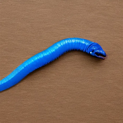 Image similar to studio photograph of a matte dark gray worm with a neon blue head and tail