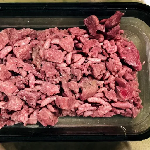 Image similar to raw meat chunks raw beans, mold, cell phone photo,