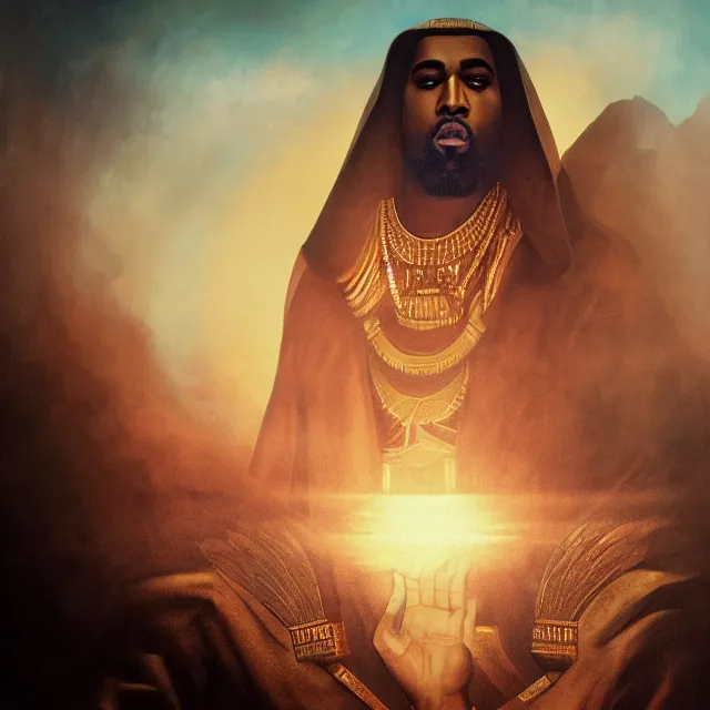 Image similar to majestic gracious egyptian kanye west as god ra portrait, atmospheric lighting, painted, menacing, intricate, volumetric lighting, beautiful, rich deep colours masterpiece, golden hour, sharp focus, ultra detailed, by leesha hannigan, ross tran, thierry doizon, kai carpenter, ignacio fernandez rios