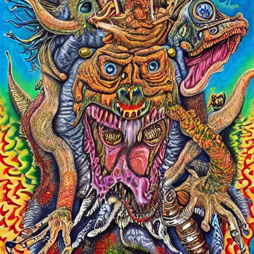 Prompt: a very crazy and high hyper detailed painting with many complex textures and sacred animal skin, of a monster with three heads and a scaly body, and a head inside the stomach from which several deformed soldiers come out running and screaming, crazy faces of free spirts, psychedelic surreal cosmic magic realism chaotic weird bizarre art and spitual psychotic