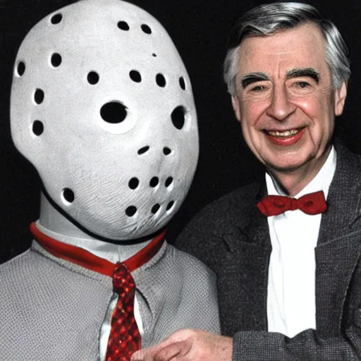 Image similar to Mr. Rogers hanging out with Jason Voorhees from the movie Friday the 13th