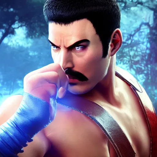 Image similar to freddy mercury as ryu street fighter, action shot, face detail, ultra realistic, concept art, intricate details, highly detailed, photorealistic, octane render, 8 k, unreal engine, art by frank frazetta, simon bisley, brom