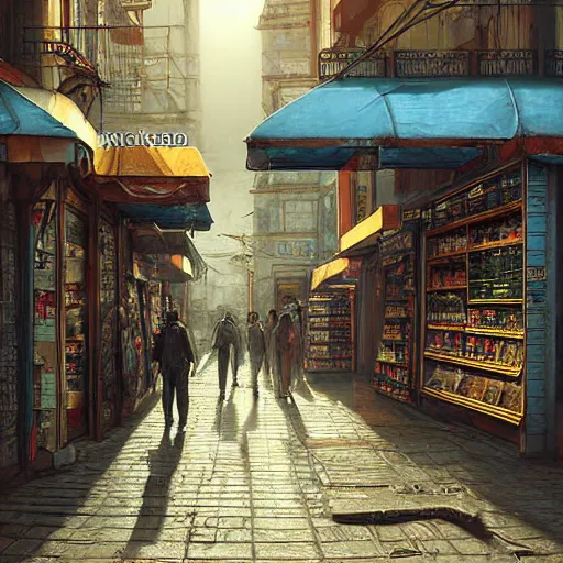 Prompt: A fantasycore photograph of a convenience store with photograph of 2099 portugal lisbon on the street of a very highly detailed eldritch city digital rational painting art by Greg Rutkowski, sci-fi highly detailed, digital concept art, Dimensional cyan gold natural light, sharp focus, a 12x(very) much detailed by Eta Cru and James Gurney and Donato Giancola, composition by alphonse mucha, detailed accurate shadows