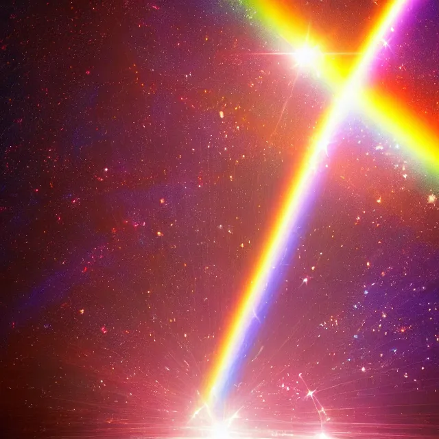 Prompt: rainbow beam of shiny light in space, vintage