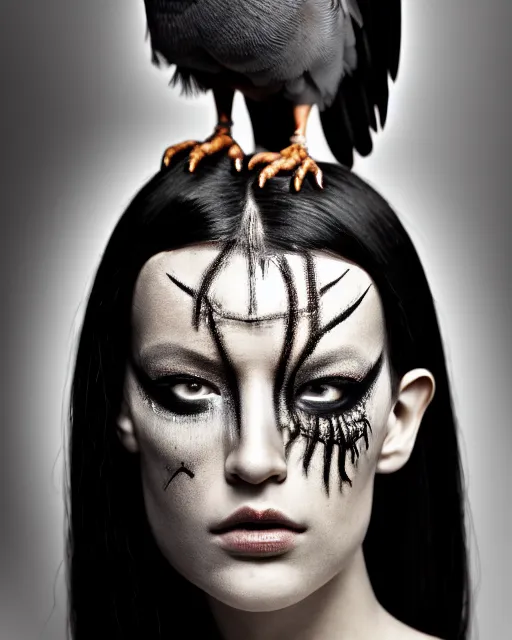 Image similar to a profile portrait, a stunning young woman - cyborg with a mutant crow head, editorial photography, bw, by roman sustov, by hr giger, shot on 7 0 mm, depth of field, f / 2. 8, high contrast, 1 6 k, volumetric lighting, shiny, insanely detailed and intricate, hypermaximalist, elegant, ornate