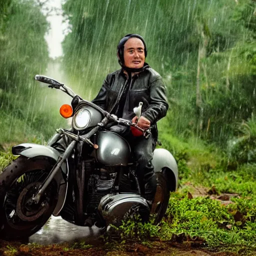 Image similar to a potato riding a motorcycle through the jungle, low angle with rain and lightning, dramatic scene from a movie