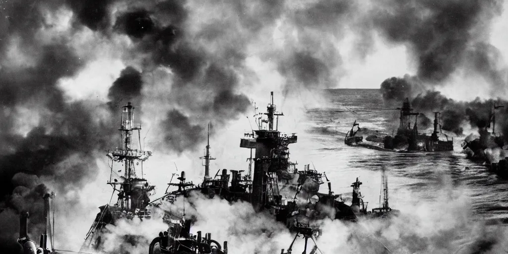 Prompt: steampunk battleship engulfed in flames and sinking with water crashing on deck, clouds of smoke, bird's eye view, cinematic full shot, high res, 35mm film black and white photograph