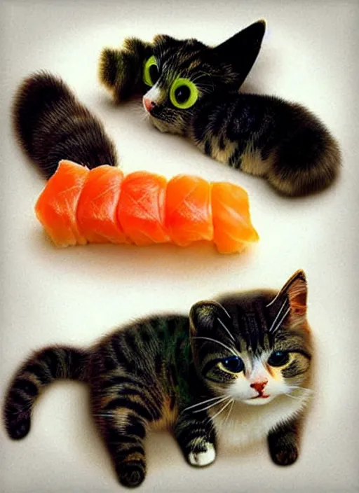 Image similar to clear photorealistic picture of adorable cats made out of sushi