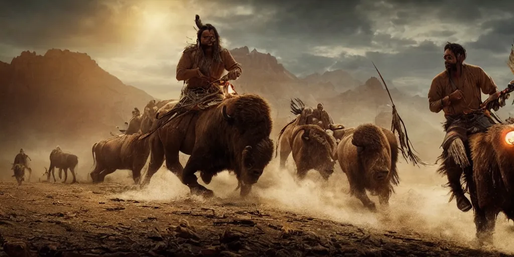 Image similar to indian tribe on wood ATV attacking bisons, action scene, an epic western, dramatic lighting, cinematic, establishing shot, extremely high detail, photorealistic, cinematic lighting, artstation, octane render, old photo, buffalo hunt movie, alpha movie, western