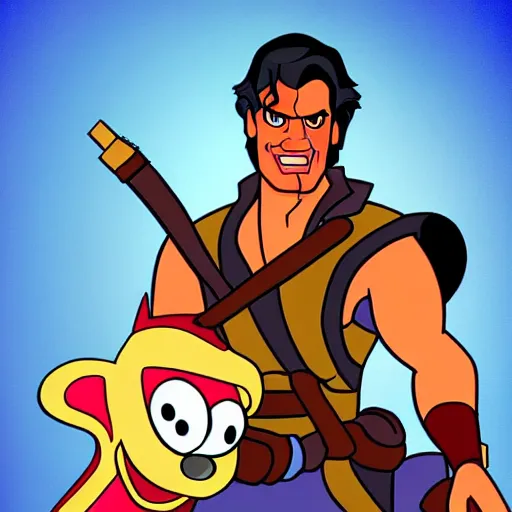 Image similar to Ash William from Army of darkness in the style of a Disney character, HD