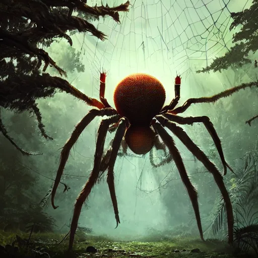 Image similar to an ugly giant spider, beautiful, realistic, atmosphere, vibe, forest, giant webs, ferns, bones, concept art illustration, color page, tone mapping, akihiko yoshida, james jean, andrei riabovitchev, marc simonetti, digital illustration, greg rutowski, volumetric lighting, sunbeams, particles