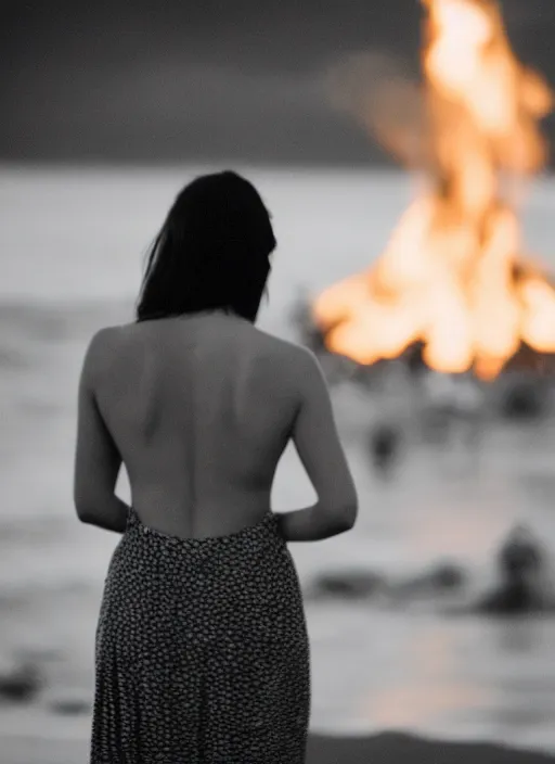 Image similar to a 3 5 mm photo from the back of a woman watching a bonfire on the beach, splash art, movie still, bokeh, canon 5 0 mm, cinematic lighting, dramatic, film, photography, golden hour, depth of field, award - winning, anamorphic lens flare, 8 k, hyper detailed, 3 5 mm film grain