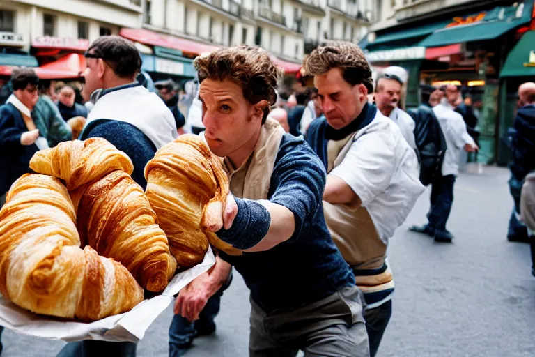 Image similar to closeup potrait of bakers fighting croissants in a paris street, natural light, sharp, detailed face, magazine, press, photo, Steve McCurry, David Lazar, Canon, Nikon, focus