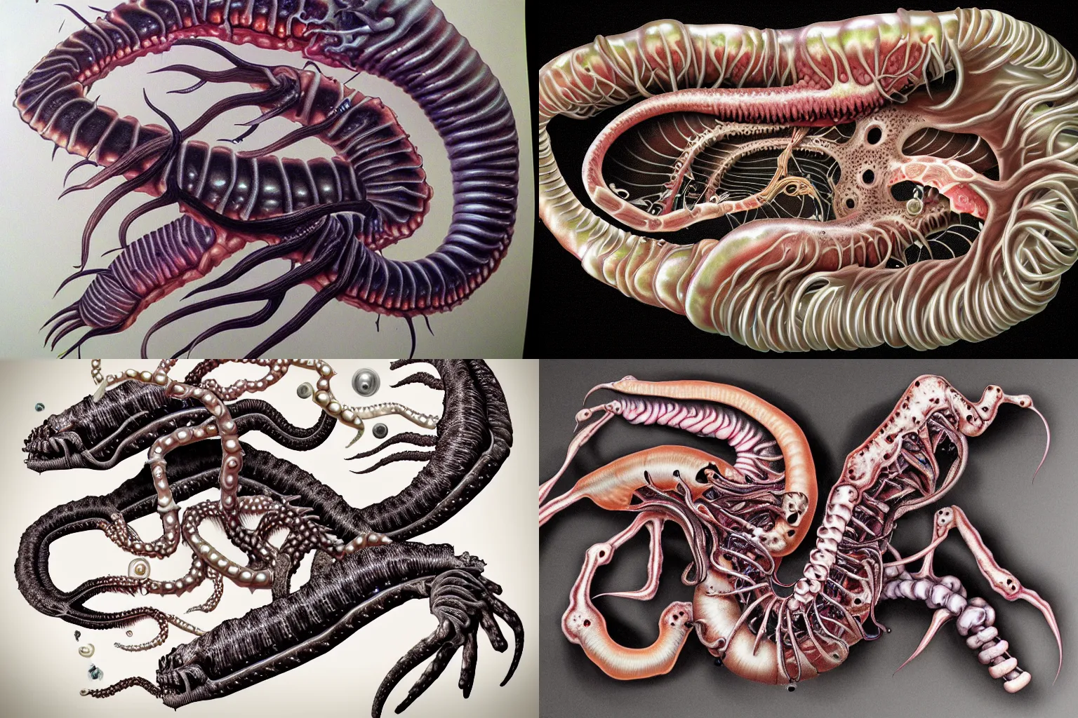 Prompt: biomechanical airbrushed eel monster embedded pearls ribs spinal cord