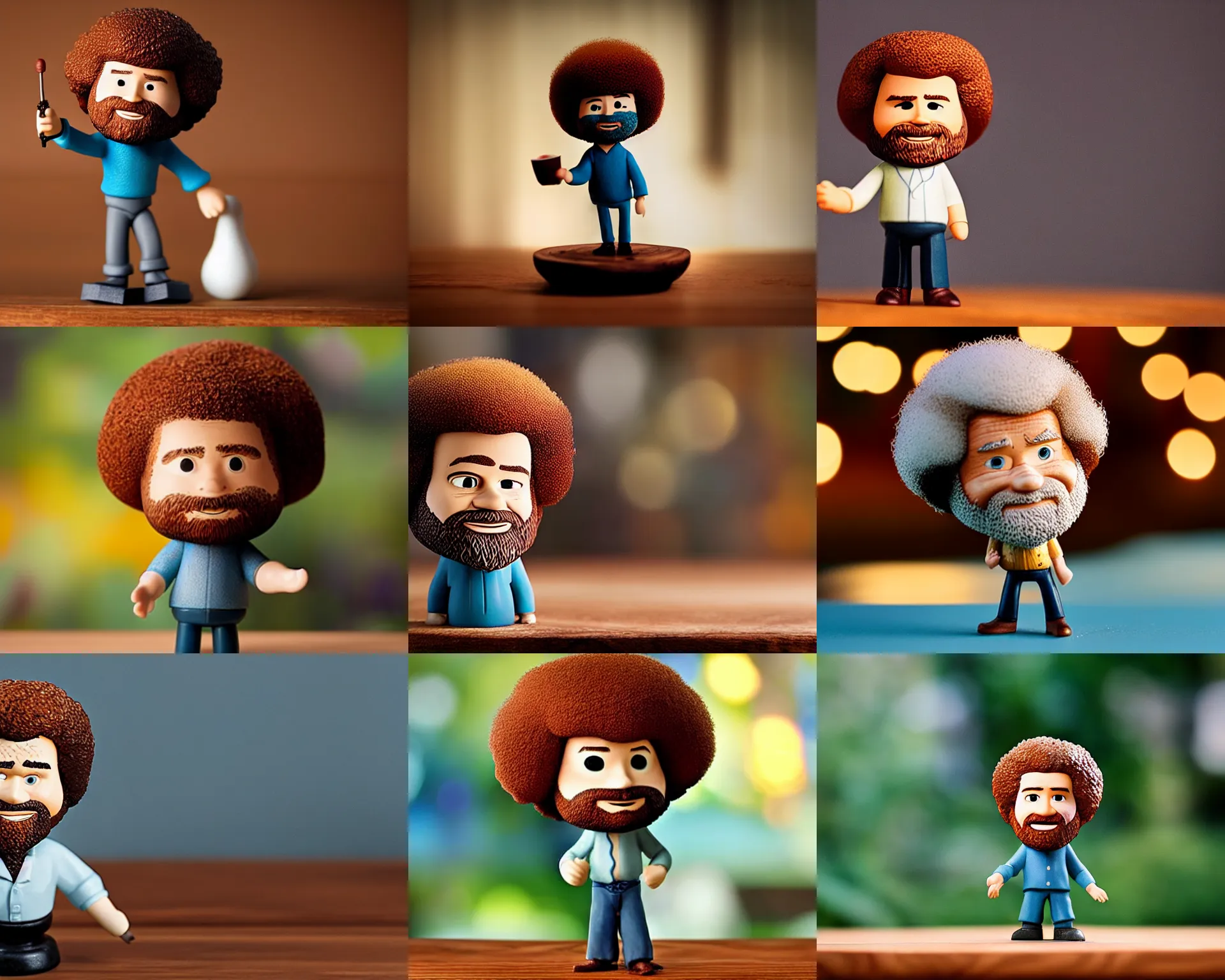 Prompt: Bob ross figurine by Pixar sad bokeh on wooden table.