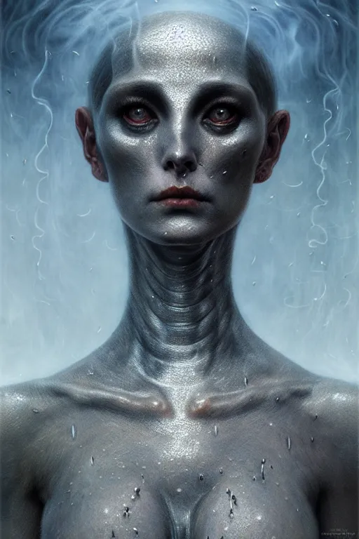 Prompt: gorgeous silver lilith the mother of all monsters, destroyer! of worlds, void! eyes, raining ash & smoke, fine art masterpiece, highly detailed dino valls wayne barlowe machiej kuciara, dramatic lighting, long shot, wide angle, uhd 8 k, sharp focus