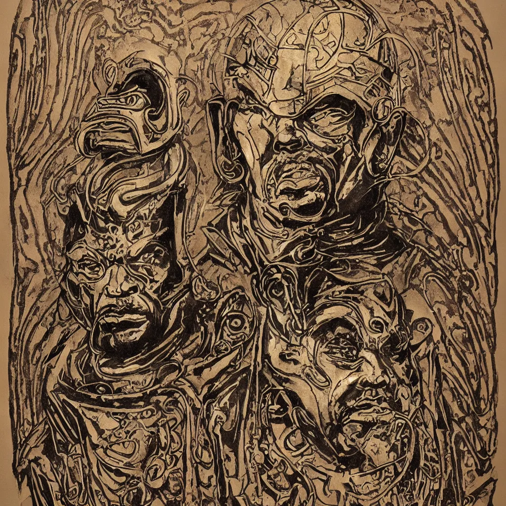 Image similar to Stunning cartooned art nouveau bust portrait of James Earl Jones as Thulsa Doom in scratchy rune-carved armor, with metallic art nouveau shield designs, by Bernie Wrightston and Mike Mignola, deep atmospheric colors, sinister ambience, malevolent countenance, determination, dominance, confidence, mixed media painting, accurate symmetrical facial details, perfect symmetry, sumerian, roman, egyptian, medieval, Karol Bak