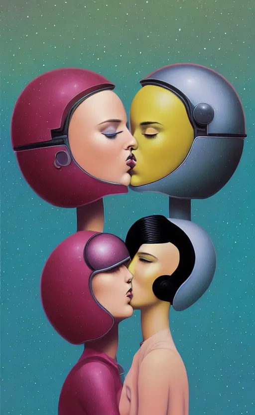 Image similar to portrait of two girl kissing each other and wearing a futuristic helmet by Petros Afshar and Beeple, James Gilleard, Mark Ryden, Wolfgang Lettl highly detailed