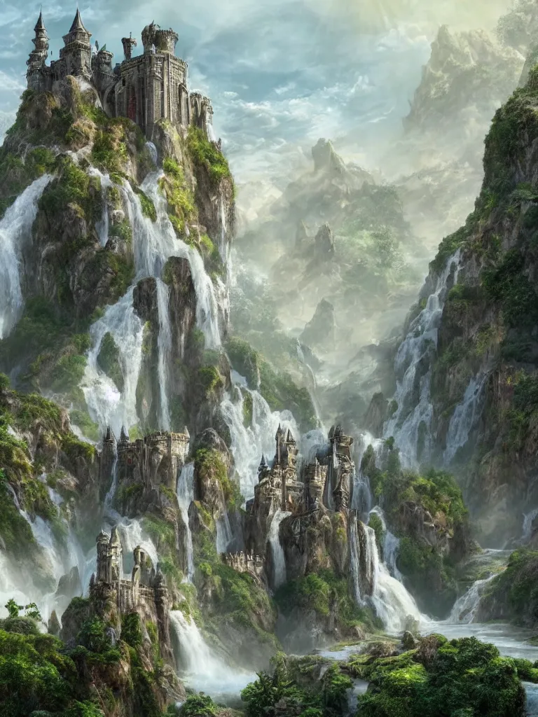 Image similar to a beautiful fantasy landscape of a large majestic castle adorned with gold linings and white marble walls from DND with lots of towers bridges and levels on top of a lush cliff with a huge waterfalls in the middle, ruins of structures at the bottom, afternoon light streaking with god rays, Dungeons and Dragons Castle, ornate, detailed, octane render, 8k, trending on artstation deviantart google images, pinterest, canon 35mm lens