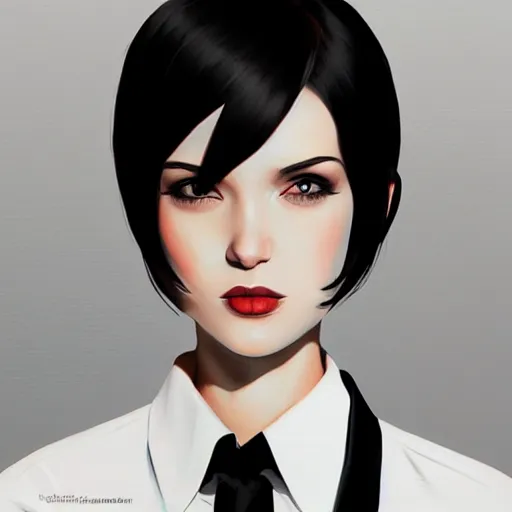 Image similar to slim girl in tuxedo with short black hair, elegant, 2d, ultra highly detailed, digital painting, smooth, sharp focus, artstation, art by Ilya Kuvshinov