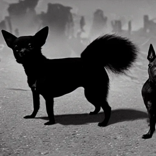 Prompt: The black chihuahua trotted up beside the duke. He sniffed at the air, parched and desperate for water, then inflected his ears to listen. The sound of the wastelands had grown distant over the last few days, but it was still there: the strange howling that had disturbed their sleep during the first week in the wastes.