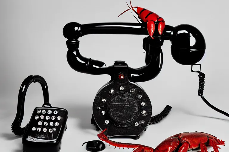 Image similar to commercial product photography advertisement for Salvador Dali’s Lobster Telephone, a black Rotary telephone with a red painted plaster lobster for a handle, Rear lighting, commercial studio lighting