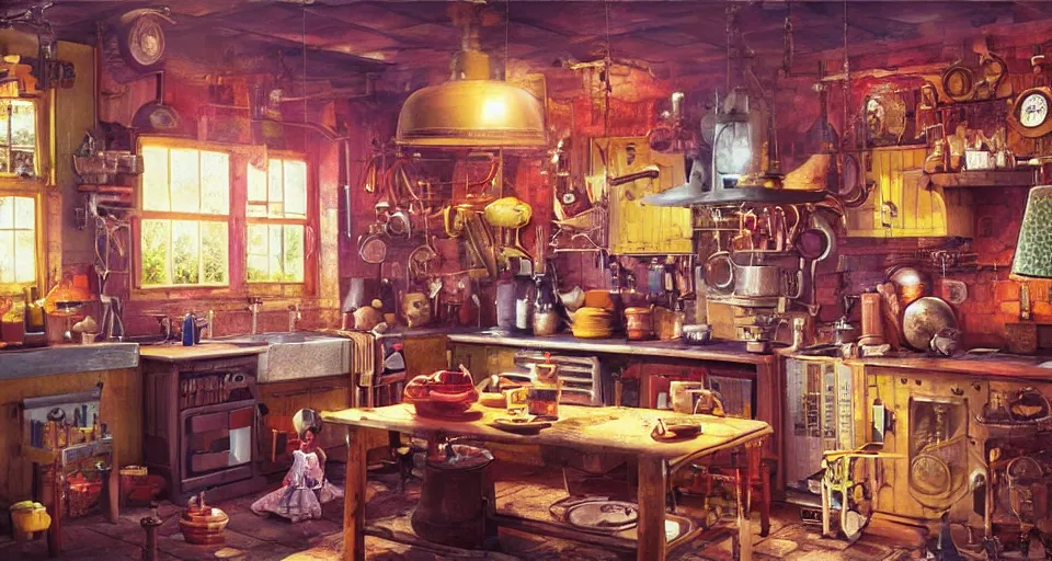 Prompt: IKEA catalogue photo of a steampunk farmhouse kitchen, by Paul Lehr