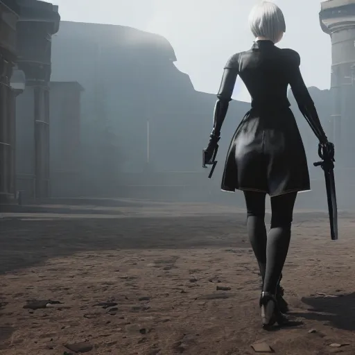 Prompt: Film still of 2B nier automata, from Red Dead Redemption 2 (2018 video game), trending on artstation, artstationHD, artstationHQ