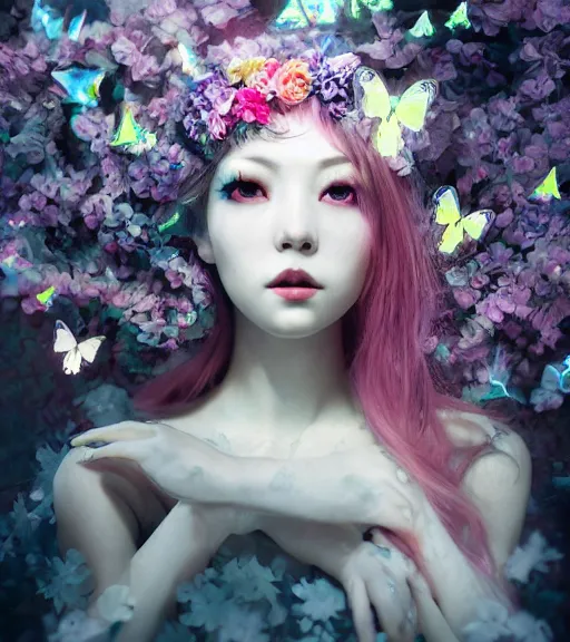 Prompt: a beautiful terrifying fairy sad female portrait black eyes twisted trees, floating cloth whirlpool, butterfly, blooming made of flowers, iridescent luminous holographiccolors, hardlighting ethereal horror fantasy art by bella kotak and lillian liu, ruan jia, xparticles by wlop, 4 k hd artstation concept art