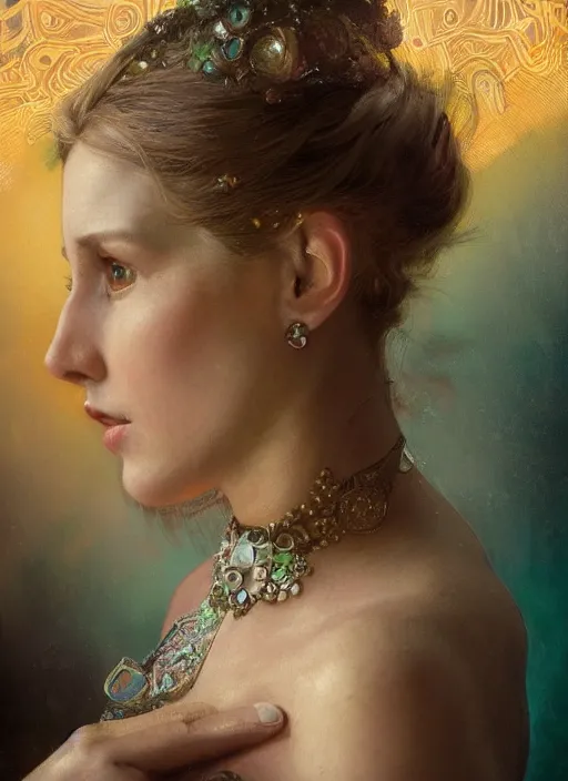 Image similar to a highly detailed photo of very intricate female face portrait, futurism, rococo cyber neon lighting, detailed futuristic fibonacci jewelry, profile posing, hyper photorealistic, trending in pinterest, cinematic, 4 k ultra hd, by denis villeneuve tom anders zorn hans dragan bibin thoma greg rutkowski ismail inceoglu illustrated sand storm alphonse mucha