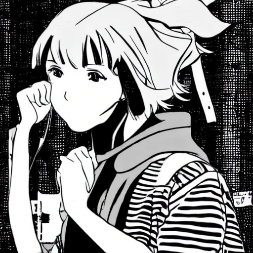 Image similar to Millie Bobby Brown in black and white anime