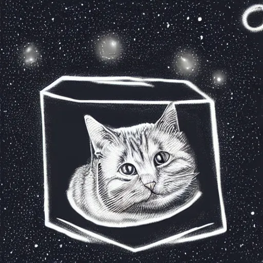 Prompt: abstract drawing of Schroedinger's cat in a box, the universe on the background, horror, fantasy drawing, high resolution, high contrast, procreate, blue and black colors, artstation contest winner