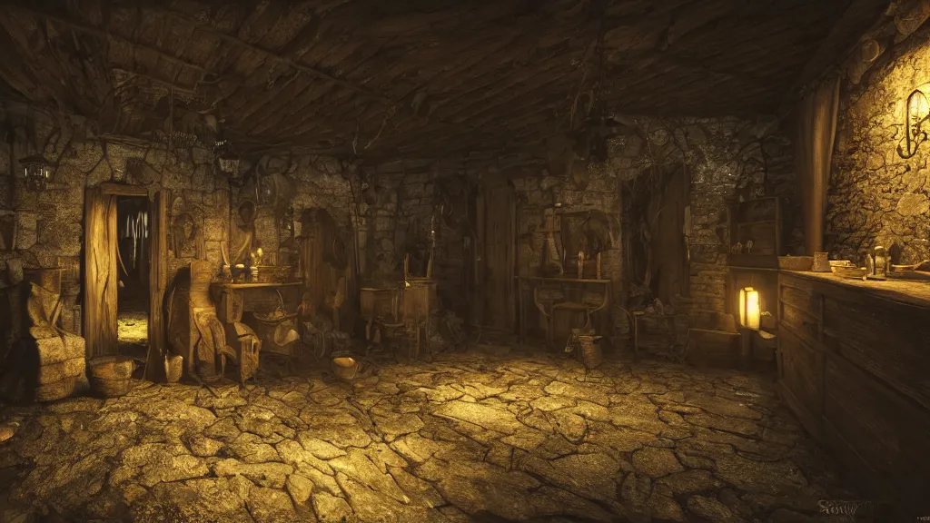 Image similar to A witch in the shadows of a dark decrepit medieval cottage at night, highly detailed interior, hyperrealistic, V-Ray render, 8k UHD