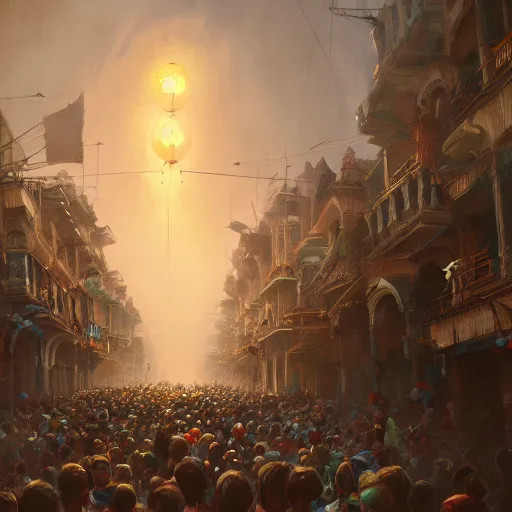 Image similar to carnaval de barranquilla, comprehensive art, thorough details, intricate, artstation, atmosphere, highly detailed, symmetrical, craig mullins, cinematic, digital painting, deviantart, cinematic lighting, 4 k